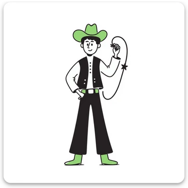 Cowboy wearing a bright green hat with no star, lasso in hand, western outfit sticker