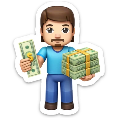 emoji style icon, minecraft blocky character holding a stack of money, pixel art style, bright colors, simple background, 3D glossy emoji, centered composition, soft shadow, high detail, clean outline, white background sticker