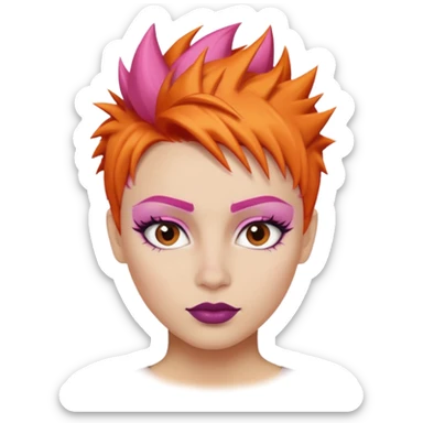 A person emoji with light skin, short spiky orange hair swept to one side, matching pink eyebrows, brown eyes, an oval-shaped face, a small nose, and dark lipstick. sticker