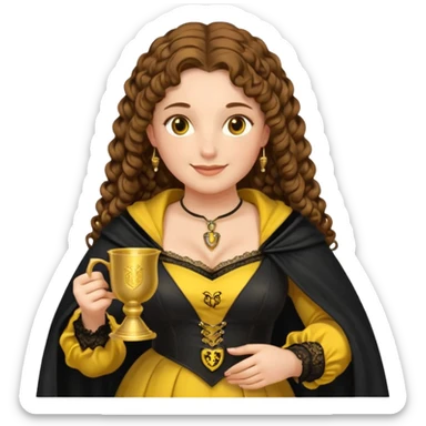 Helga Hufflepuff, brown-haired, 2 curly thick brown braids, yellow-black medieval dress, black cloak decorated with gold lace, tiny two-handled shiny yellow-gold cup, very kind smile, curvy busty sweet woman, thick rosy cheeks sticker