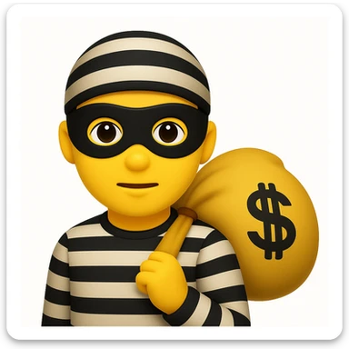 A thief with a bag of money on his back, wearing a striped suit and a black eye mask, emoji style, make it look like apple emoji sticker