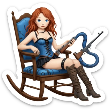 realistic cinematic Tori Amos sits on a rocking chair in a torn corset, holding an antique rifle and her bare feet are muddy. A blue snake is wrapped around the chair. sticker