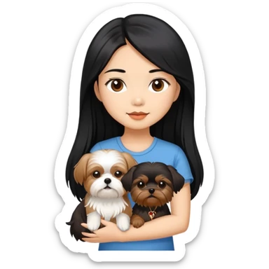 A beautiful Asian girl with long black hair is holding a small Yorkshire Terrier. She is standing next to her brown skinned boyfriend, who is holding a Shih Tzu. They are each holding one dog each sticker
