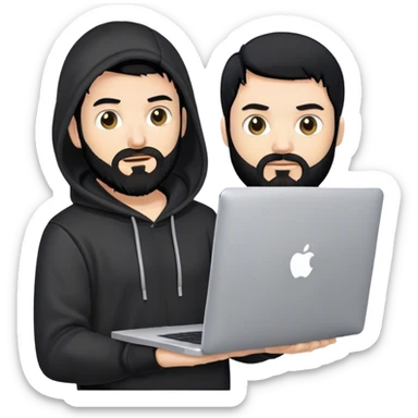 hackeur blanc cheveux noir barbe et capuche noir avec un macbook sticker