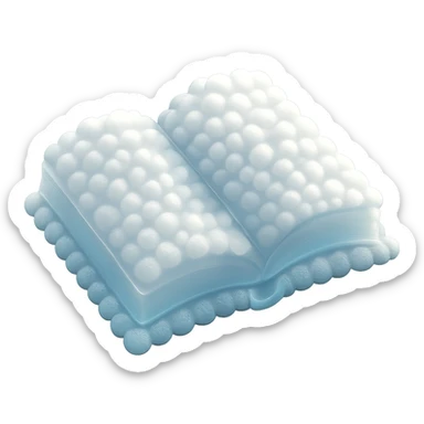 top view of a thick open book made entirely of small, very bright white fluffy convex clouds, matte glass style sticker