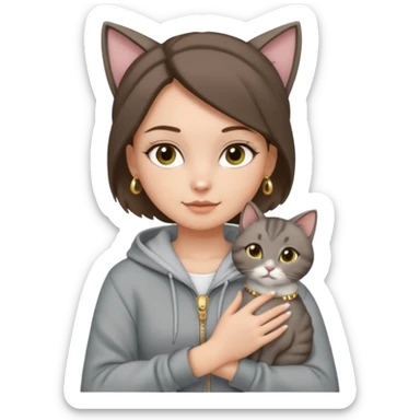a white girl with brunette hair in a one single bun holding a grey cat. the girl has long lashes and has on a grey zip up that is half way zipped and has a hood and under a white shirt and gold jewelry that is gold bracelets. sticker