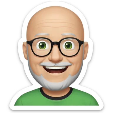 una imagen estilo pixar de un senor de mediana edad calvo con lentes gruegos negros de vista, con barba negra pero en la parte del mentòn canosa, con una playera negra, sus ojos con de color verde, y esta riendo sticker