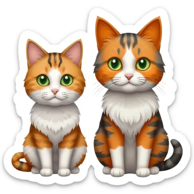 A grey tabby cat with dark grey stripes and green eyes sitting next to a calico cat with orange eyes sticker
