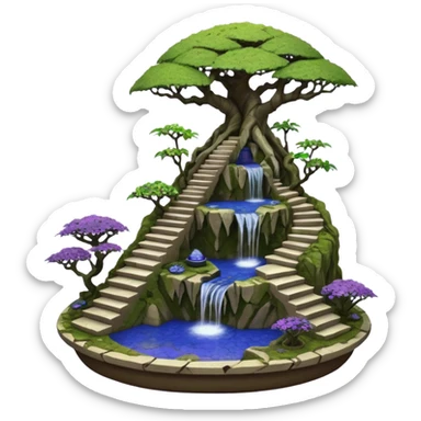 Alien saucer house jungle-vines stairway fountain mountain-island landscape antique mudman very old broken cracked intricate Stone Age lapis-crusted irregular dodecagon-shaped shallow dark moss rough bark violet serissa flowered maple tree bonsai pot sticker