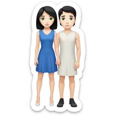 prince, standing upright, black Hair, blue eyes, garment,  woman, bending knee, white sleveless dress, blonde hair, green eyes, sticker