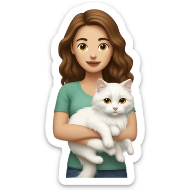 woman with brown hair holding a white Siberian cat sticker