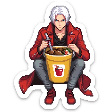 Dante from Devil May Cry sitting in a KFC bucket, red coat, white hair, rebellion sword sticker