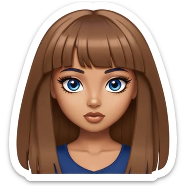 , tan skin, bangs long straight brown hair, dark blue eyes, black eyeliner, pretty bratz baddie sticker