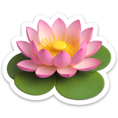 Detailed lotus flower with precise yellow seedpod center showing receptacle holes pattern, layered pink petals, and floating on botanically correct notched lotus leaf sticker