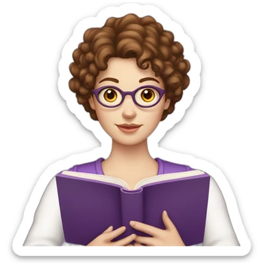white girl without glasses and really short brown curly hair reading a purple book sticker