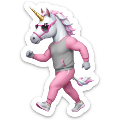 friendly anthropomorphised male white unicorn with a fit, chunky, muscular and strong physique, white arms and legs, wearing grey tracksuit pants and pink jumper, sunglasses, walking quickly sticker