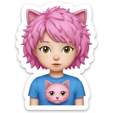 Black cat wearing a short curly pink hair wig, blue T-shirt sticker