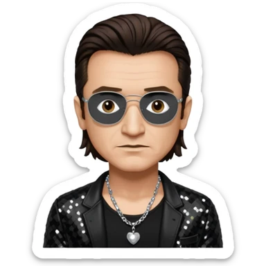Bono with black sequin jacket, black shirt with necklace, dark brown medium hair sticker