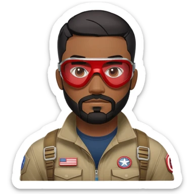 sam wilson have a short, neatly cropped black hair. It is evenly trimmed and close to the scalp, maintaining a clean and military-inspired and  a well-groomed beard that connects to his mustache,  wear sleek, red-tinted tactical goggles fit snugly from captain america: civil war sticker