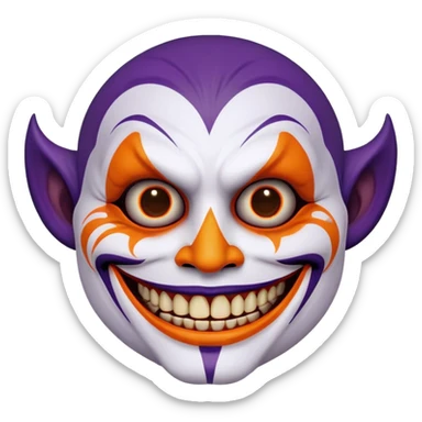 Perfectly round disembodied floating Juggalo smiley face that is hairless with white skin with realistic human brown colored eyes and elaborate but symmetrical thin lined face paint that covers most of the area of their face from the top of the forehead down the sides of their chin to the bottom of their face that is orange outlined in dark purple, with an unrealistic anatomically impossible grin with broken teeth and look in their eyes that is menacing sticker