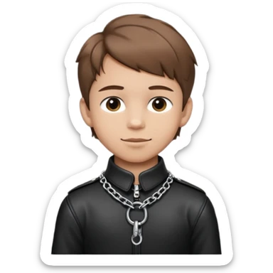 brown-haired boy, young, satisfied look, collar and leash around his neck, minimal bdsm clothing, sticker