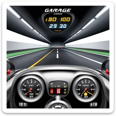 An icon showing a racing game interface, inspired by Grand Turismo. The design features a garage with a selection of high-performance cars, along with race track visuals in the background. Speedometer, lap timer, and other HUD elements add to the excitement. Transparent background sticker