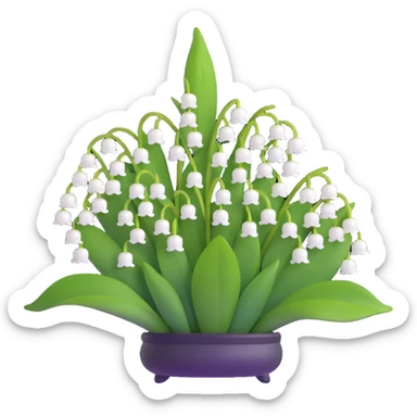 Realistic lily of the valley with correct leaf structure - large elliptical leaves from base, with center flower stem bearing small white bell flowers hanging in a row sticker