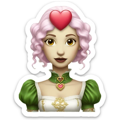 a green amazon alien woman in Victorian white gold, pink hair full body,holdig red big hearth sticker