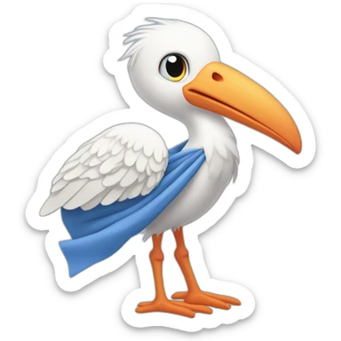 White stork carrying a blue bundle of cloth in its big beak that has a cute human person cute baby boy inside and his head is peeking from the fabric the strok is carrying in its beak sticker