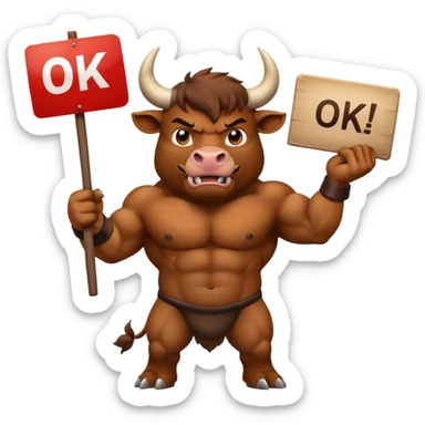 Angry powerful bull emoji holding a sign with the words OK in front of it sticker