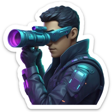 Secret human agent with  cyberpunk elements with a spyglass scanning looking reviewing multicolor lines of code, cyan and purple colors, only upper body portrait sticker