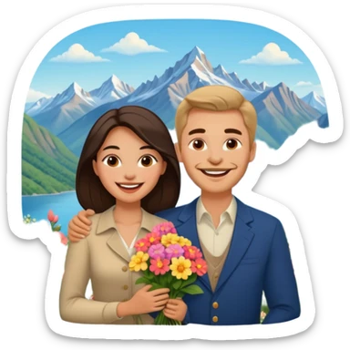 Couple  laughing traveling russian man and elegant  Latina girl delicate flowers and mountains in the background  sticker