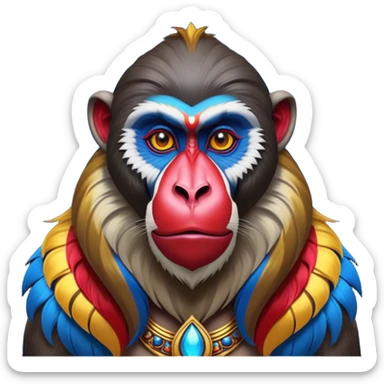 Cinematic Noble Mandrill Portrait Emoji, Poised and regal, with a striking, powerful build and a vivid, multicolored face accented by bold blue, red, and yellow hues, deep-set soulful eyes, Simplified yet sharp and sophisticated features, highly detailed, glowing with a vibrant, dignified glow, high shine, intelligent and commanding, stylized with an air of exotic majesty, focused and attentive, soft glowing outline, capturing the essence of a watchful and confident primate, so majestic it feels as though it could step out of the screen with effortless authority! sticker