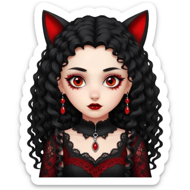 A girl with a red goth vampire look in a black and red goth lace dress with long sleeves and long black curly hair Fox eyes sticker