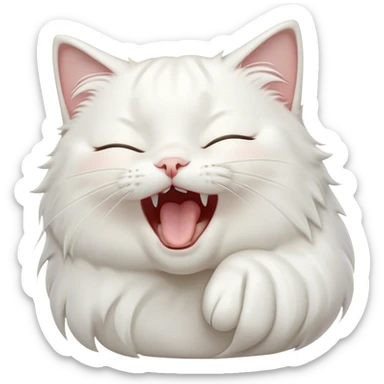 Cinematic Cute Yawning White Cat Portrait Emoji, Head gently tilted with an endearing, wide-open yawn and softly closed eyes, showcasing a pristine white fur with delicate hints of silver, simplified yet irresistibly adorable, highly detailed, glowing with a tender, cozy radiance, high shine, exuding sleepy charm and gentle affection, styled with a soft glowing outline, capturing the essence of a white cat caught mid-yawn, radiating pure, adorable lethargy! sticker