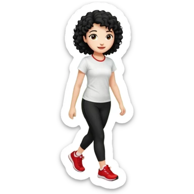 generate a pretty bratz fair skinned girl with curly black hair wearing a white tshirt trekking on a hill road with red sneakers on and black leggings.  Put a hill behind her sticker