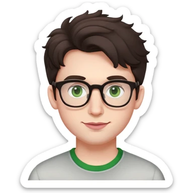 Young man with slightly curled dark brown poofy hair, green eyes wearing glasses, wide face with eyes set apart, bigger ears, very pale skin, slightly bigger nose, fuller darker pink lips with a smile, and very light stubble sticker