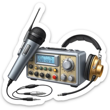 A photorealistic icon featuring a ham radio transceiver, headphones, microphone, antenna, and radio equipment like soldering tools and cables. The design includes detailed textures and realistic lighting, symbolizing the passion for amateur radio and communication. Transparent background. sticker