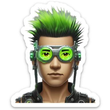 Mohawk hair with neon green highlights Asian male cyborg head with neon silver steampunk goggles and circuits sticker
