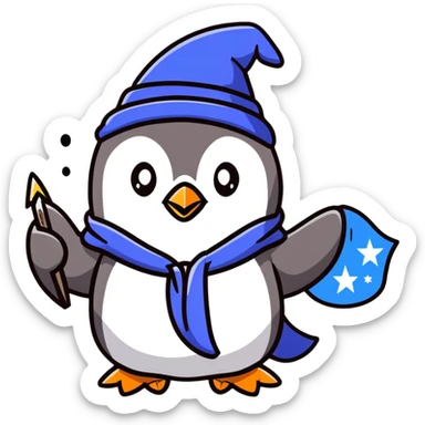 A penguin in a blue wizard robe and pointy hat with stars, casting a magical spell sticker