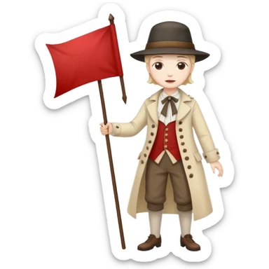 full body 18th century protester, period clothing, hat, holding a banner, expressive face sticker