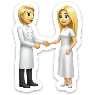 restaurant owner with white skin and blogger with white skin and blonde hair shaking hands in full height sticker