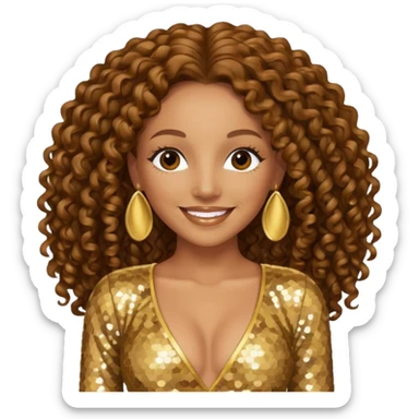 Mel B from Spice Girls with long brown curly hair, gold sequin outfit sticker