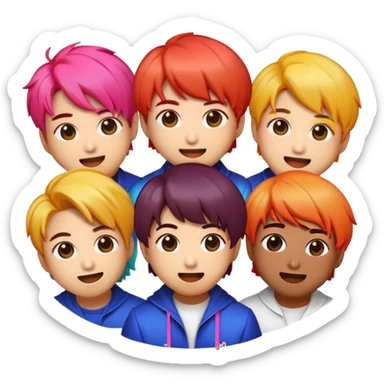 Cinematic Realistic BTS Pop Culture Emoji, featuring a dynamic, energetic portrayal of the acclaimed K-pop group rendered with vibrant textures and energetic, colorful lighting. sticker