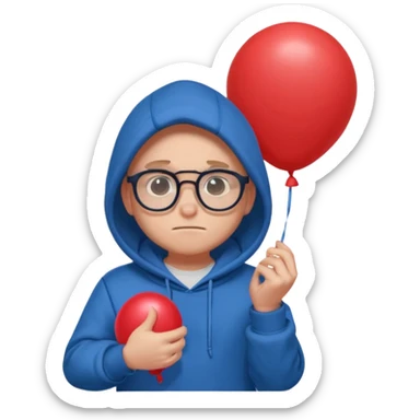 Gus from Brawl Stars, shy pose, round glasses, holding balloon, blue hoodie sticker