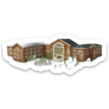 a school with mountains in one direction and river in another and children playing sticker