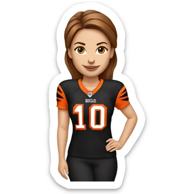 Caucasian ￼women with brown hair wearing a Cincinnati bengals jersey sticker