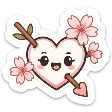 goth sakura heart, heart pierced by sakura branch, white and pink, expressive and fun sticker