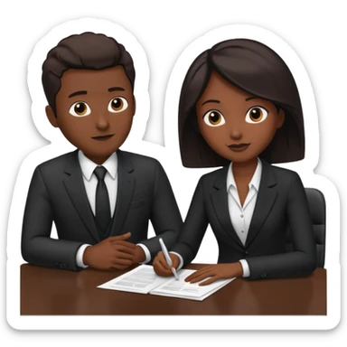 man in formal suit talking to woman in formal suit, they sit, papers in hands on the table sticker