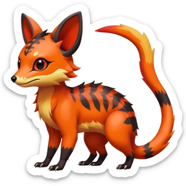 Rare tropical warm-colored exotic cute epic aesthetic colorful Salandit-Eevee-Civet-species-Fakemon-hybrid-creature, with wild fiery markings, full body sticker